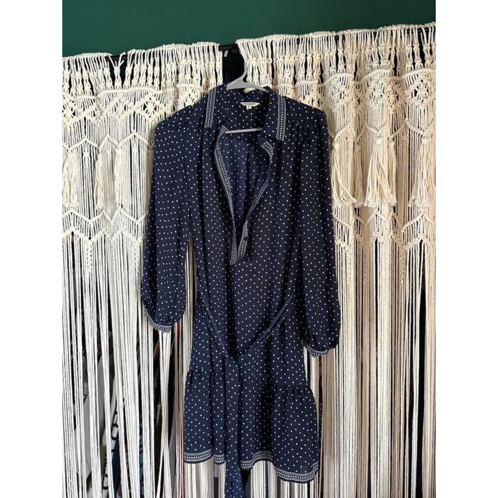 Navy Blue & White Polka Dot Long Sleeve Belted Dress